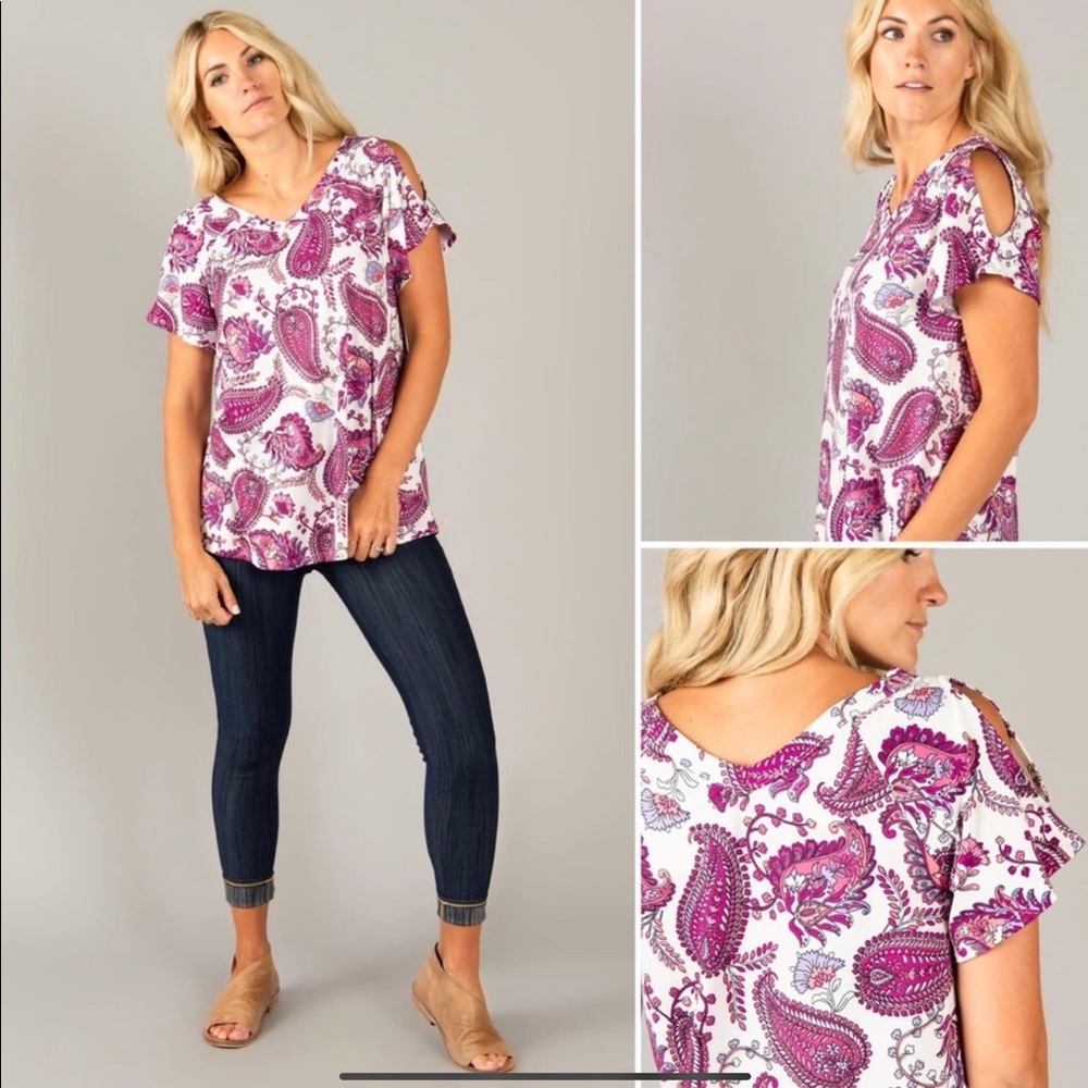 Agnes & Dora Cold Shoulder Love Top- Ivory Paisley